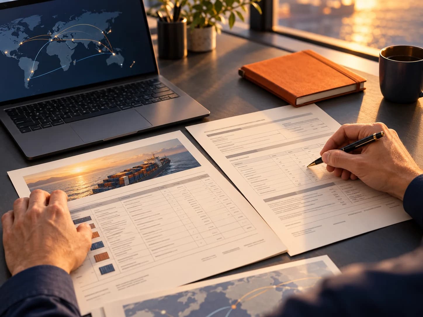 Shipping documents on a desk beside a laptop showing route lines on a world map