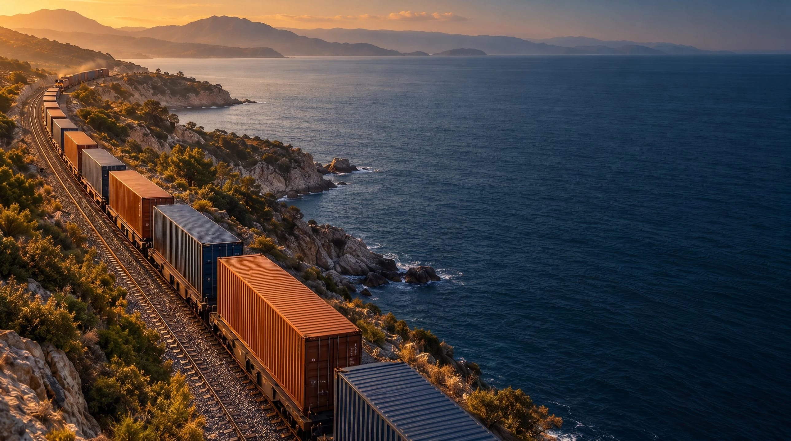 Container freight train on a coastal railway