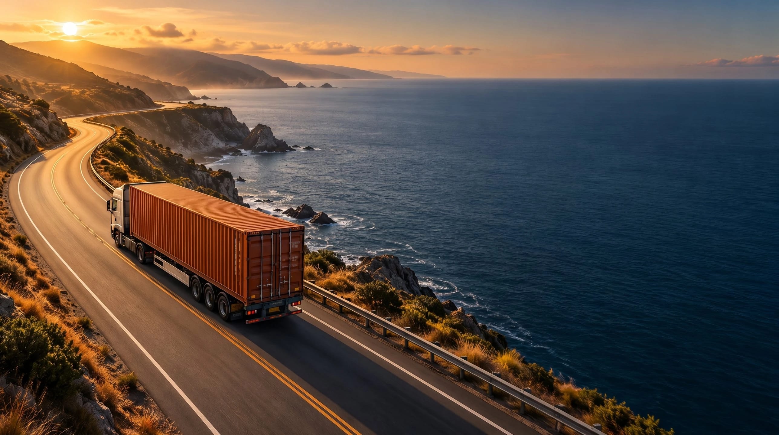 Container truck on a coastal road