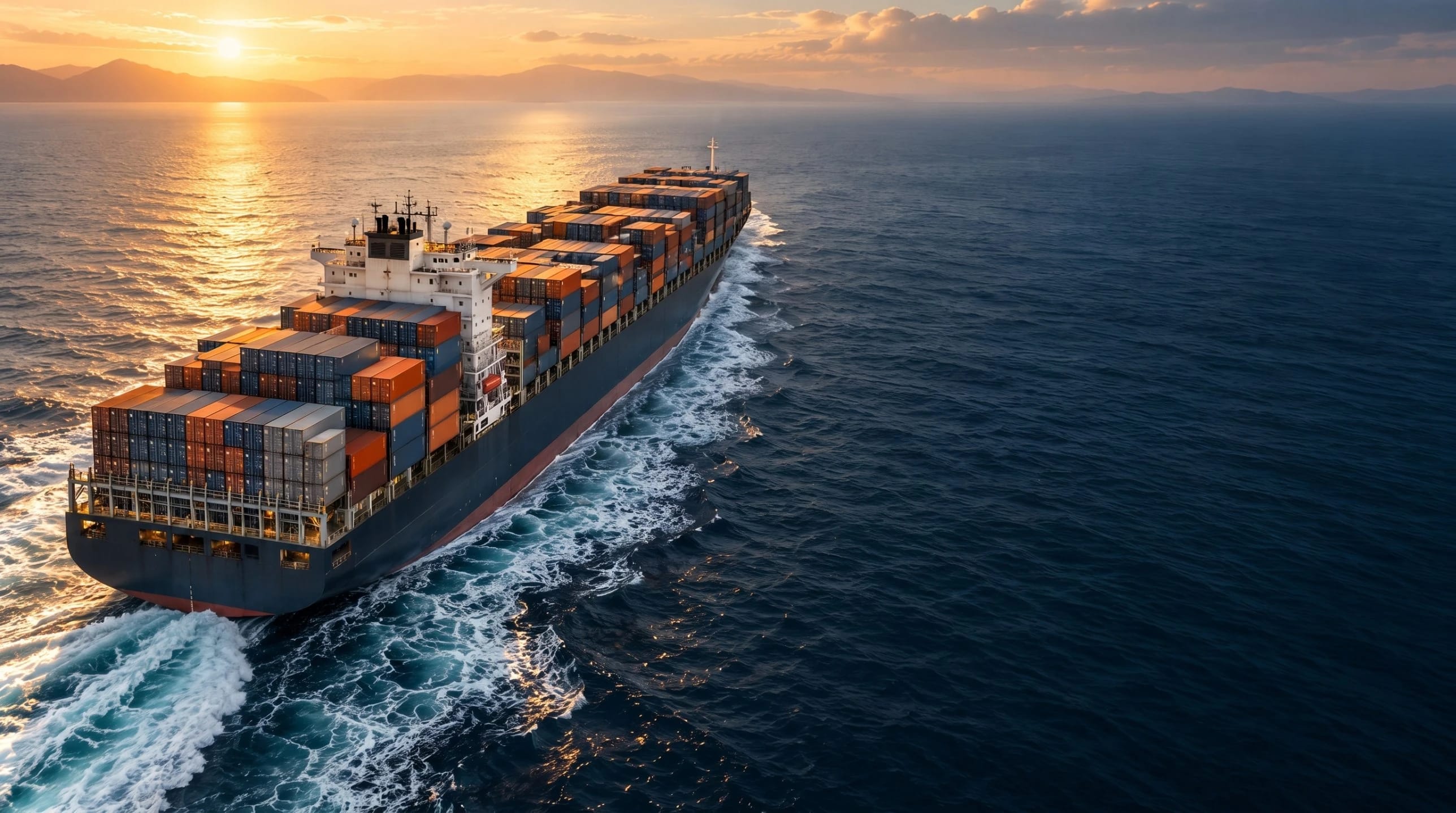 Container ship at sea at sunset